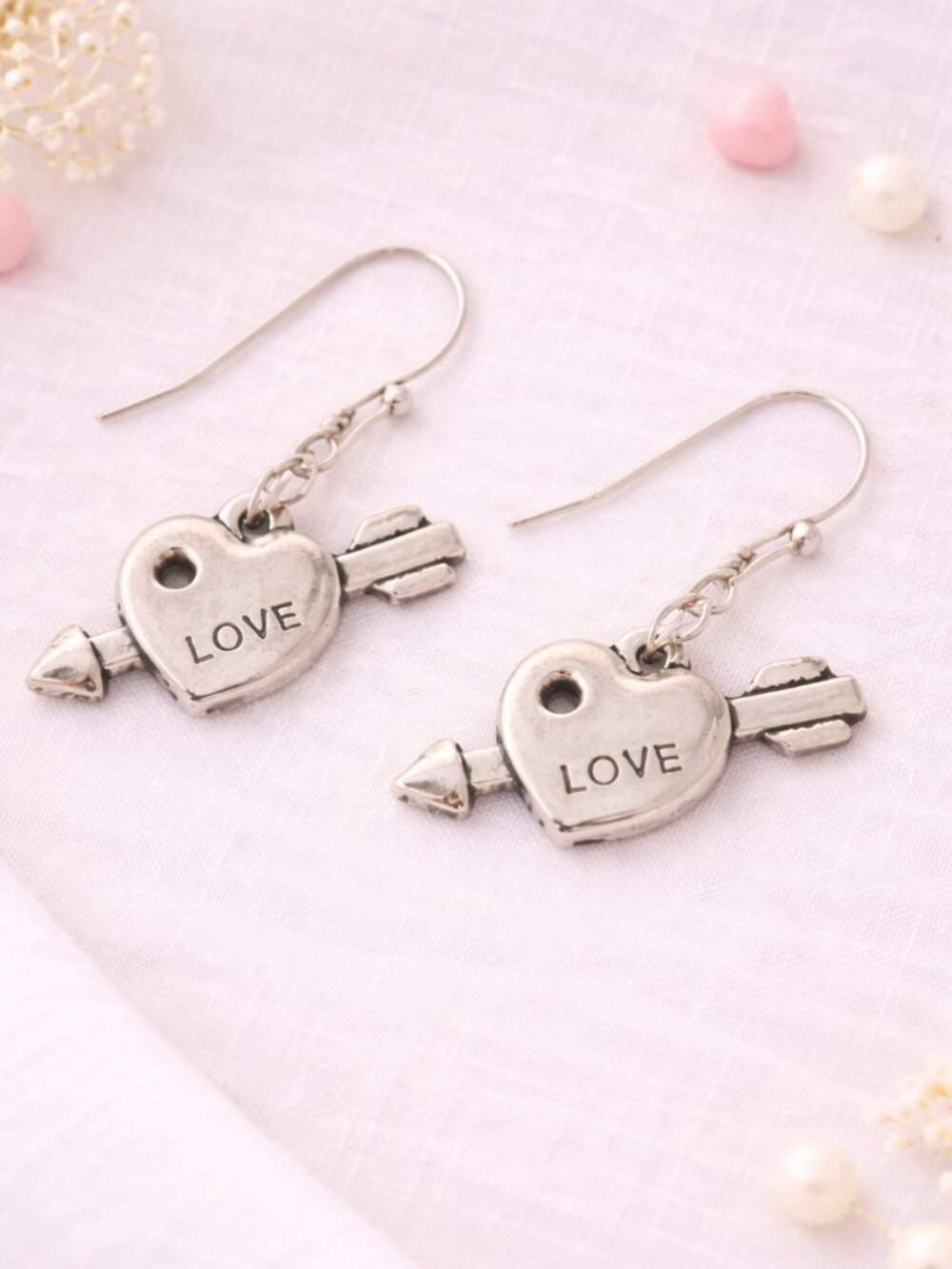 Antiqued Silver Heart and Arrow Dangle Earrings